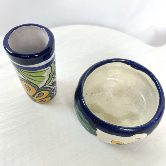 Talavera Mexican Pottery Set Vintage Hand-Painted Shot Glass & Bowl 2 pcs. - Picture 3 of 10